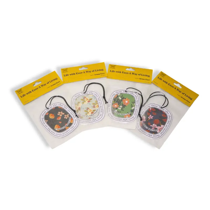 Packaged multi-scent floral hanging air fresheners arranged in a variety set