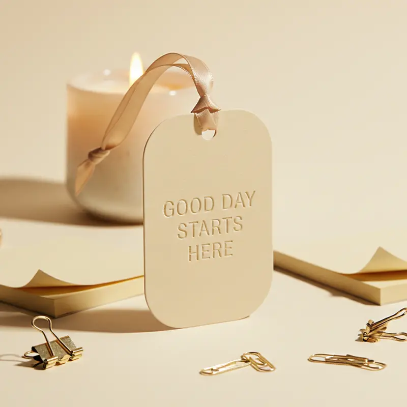 Close-up beige office air freshener card with warm lighting