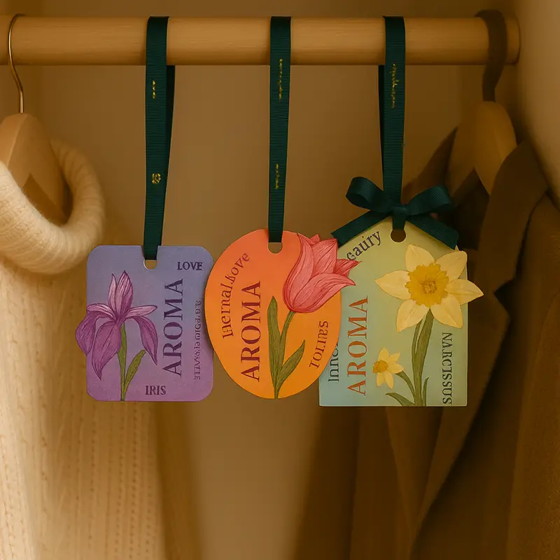 Biodegradable paper air fresheners hanging in home closet, suitable for multiple household spaces