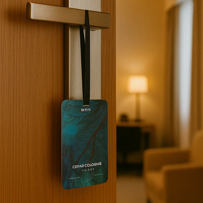 Cedar Cologne aroma card hanging on a room door for fresh scenting
