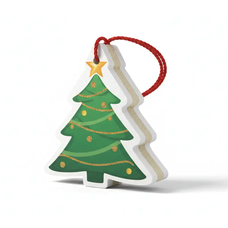Christmas tree air freshener hanging on door handle in holiday home scene