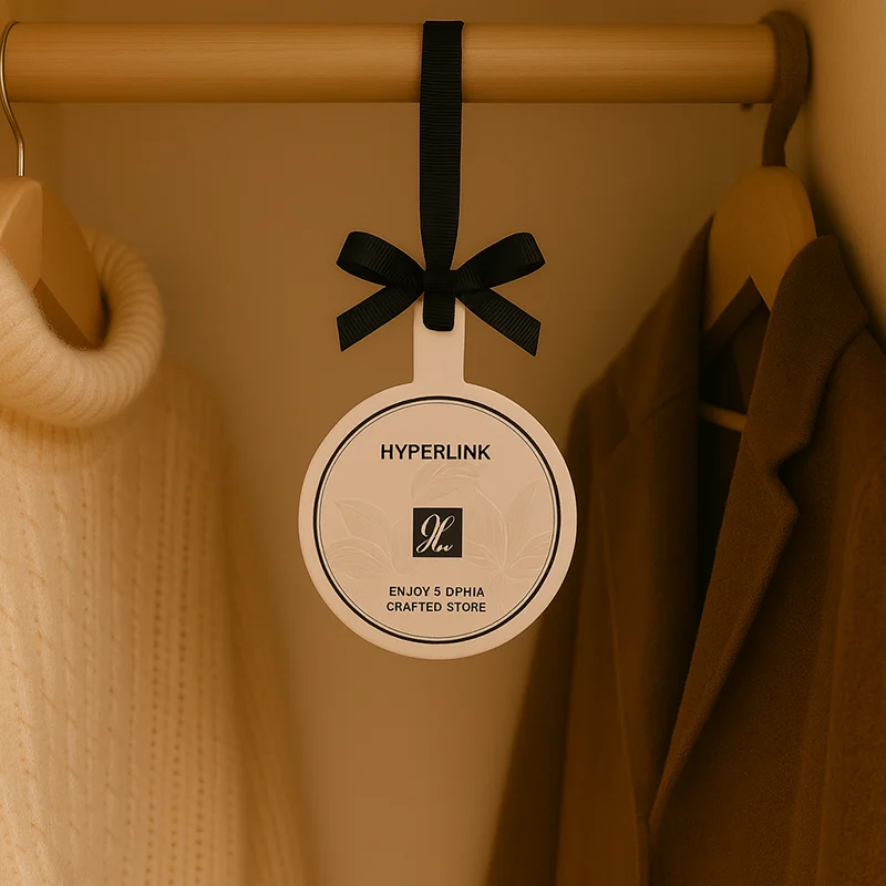 Round English Pear & Freesia air freshener hanging inside a closet for wardrobe scenting