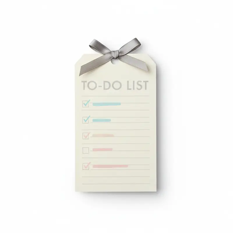 Cream checklist-style paper air freshener with ribbon top