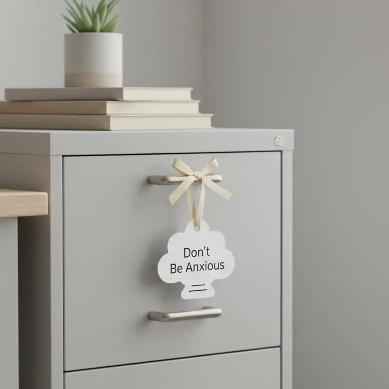 Cloud-shaped paper air freshener hanging on an office cabinet with Don’t Be Anxious text