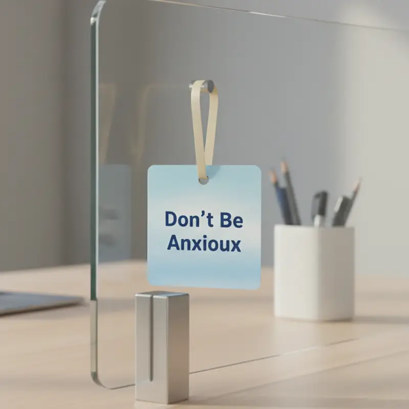 Blue gradient office air freshener hanging on a glass partition with message Don’t Be Anxious