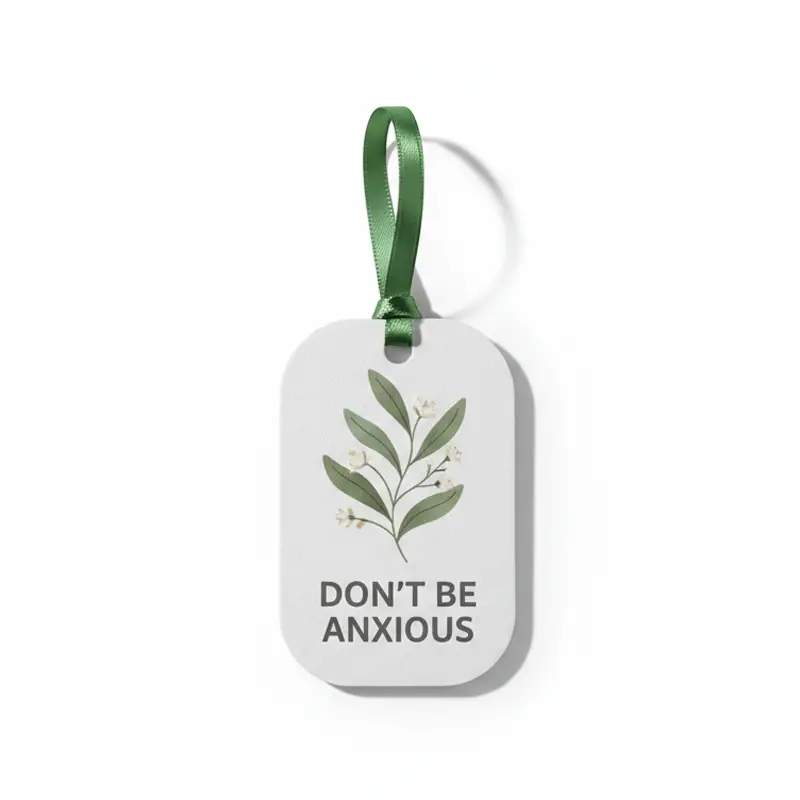 Botanical leaf-shaped paper air freshener with “Don’t Be Anxious” text