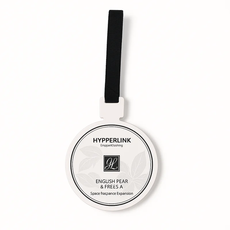 Round paper air freshener card with black ribbon in English Pear & Freesia scent