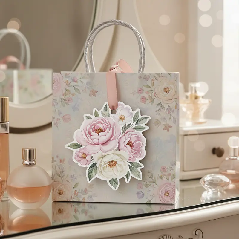 Floral bouquet paper air freshener hanging on a gift bag for home and gifting use