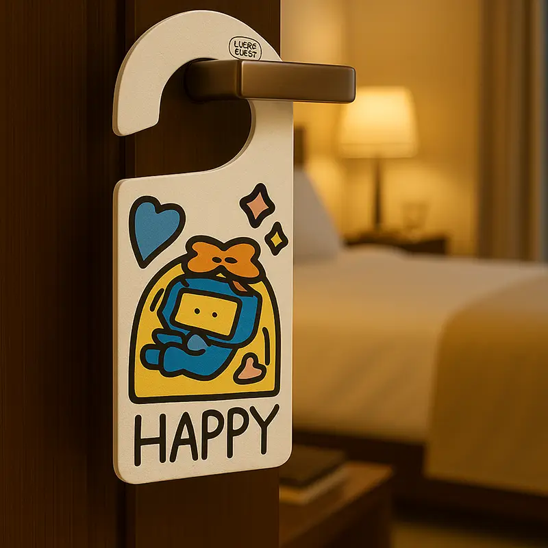 Hotel door scene featuring HAPPY cartoon hanging air freshener adding fragrance to the room