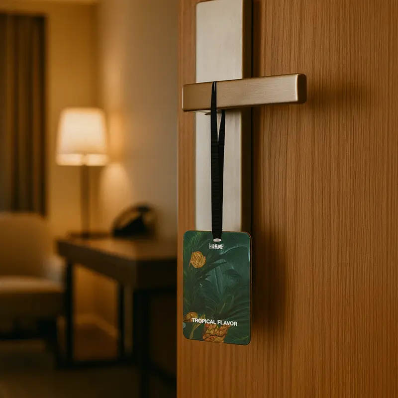 Tropical scent air freshener hanging on a hotel door for room refreshing