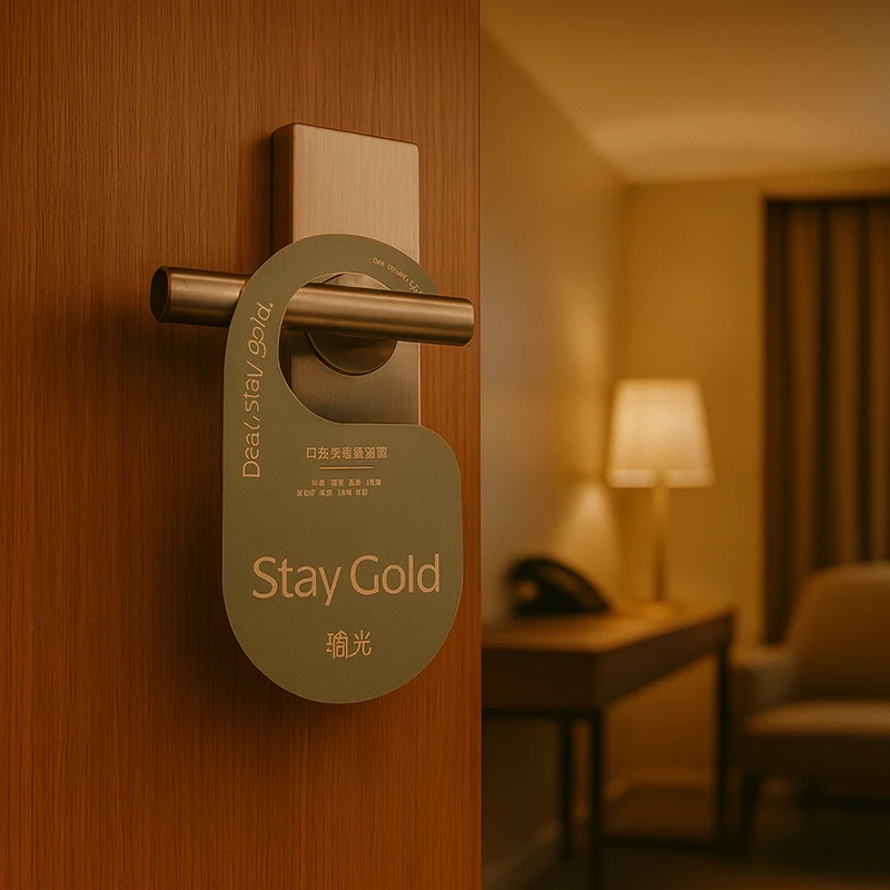 Hotel room door with Stay Gold hanging air freshener used as welcome and freshening tag
