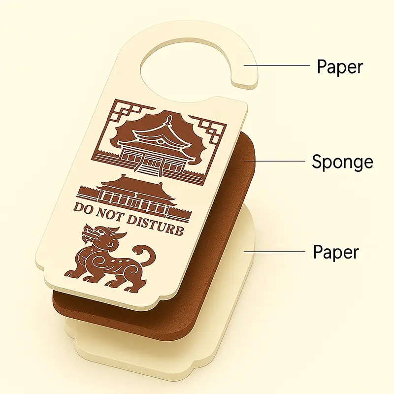 Exploded view showing paper and sponge layered structure of a door hanger