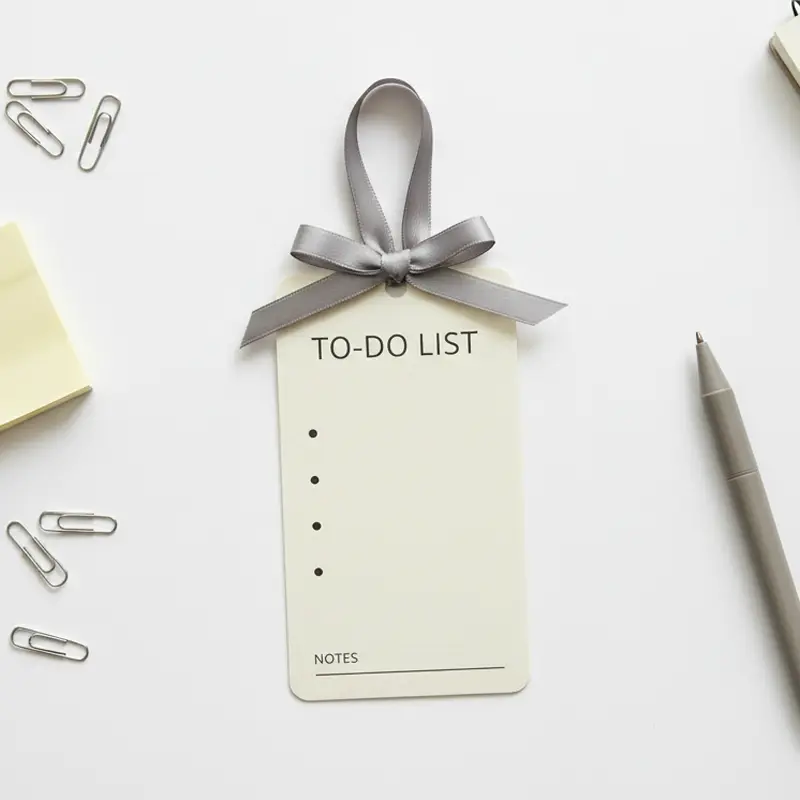 Minimalist to-do list paper air freshener with grey ribbon on office desk
