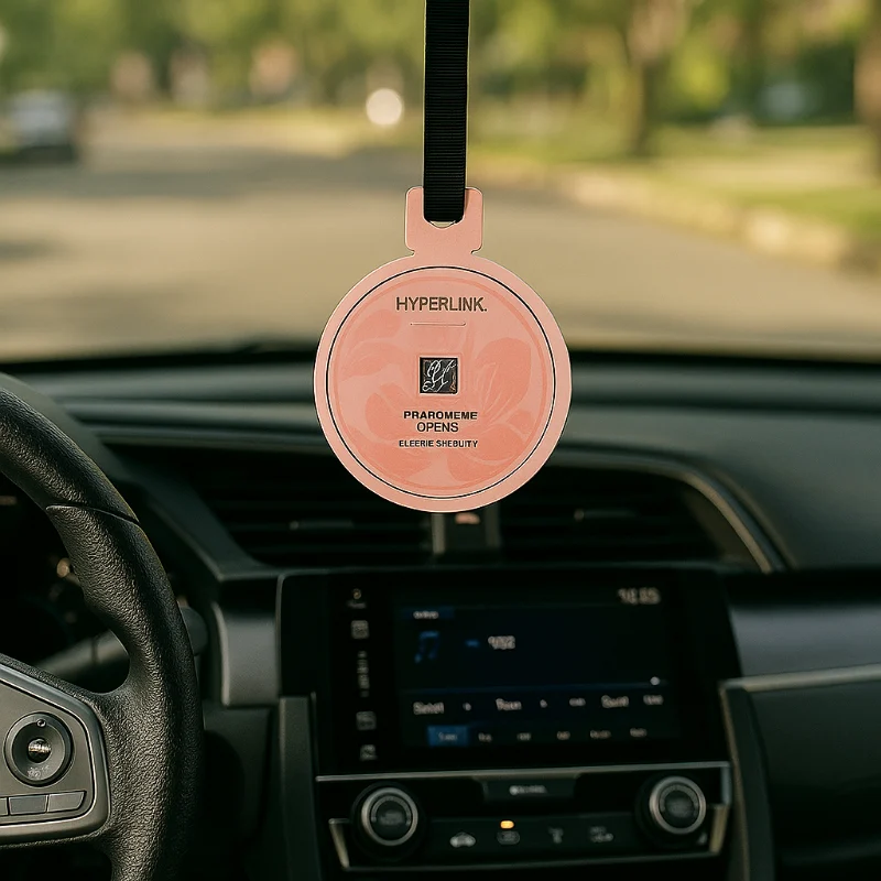 English Pear and Freesia car air freshener hanging from rearview mirror inside vehicle – elegant soft fragrance