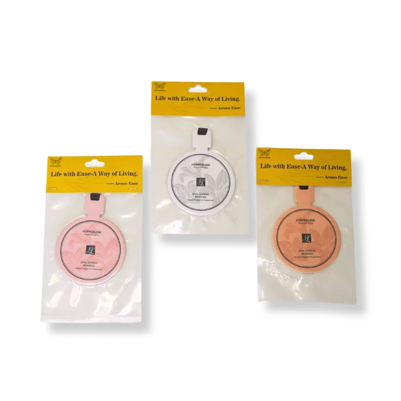 Set of three English Pear and Freesia scented car air fresheners with retail packaging – pastel round designs