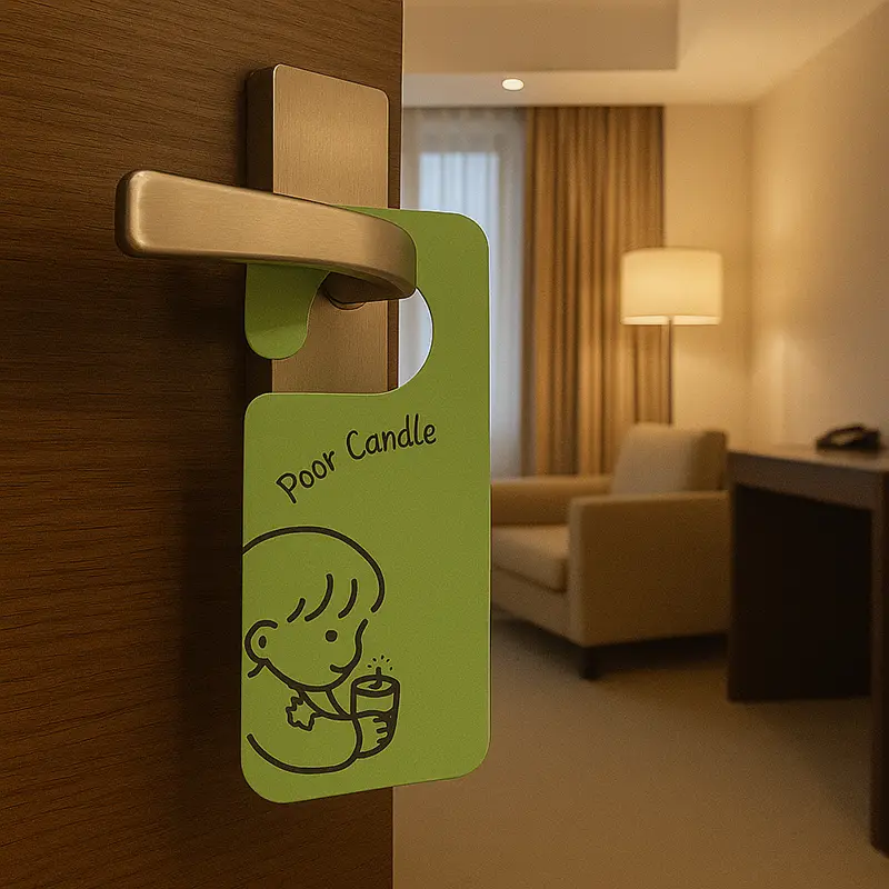 Poor Candle scented door hanger air freshener packed in protective pouch