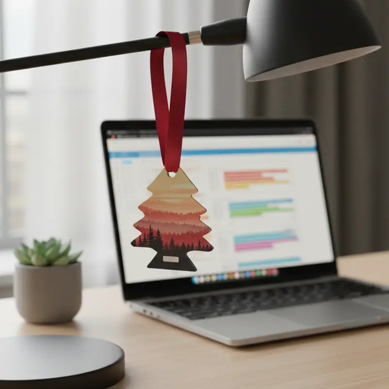 Tree-shaped office air freshener hanging on desk lamp