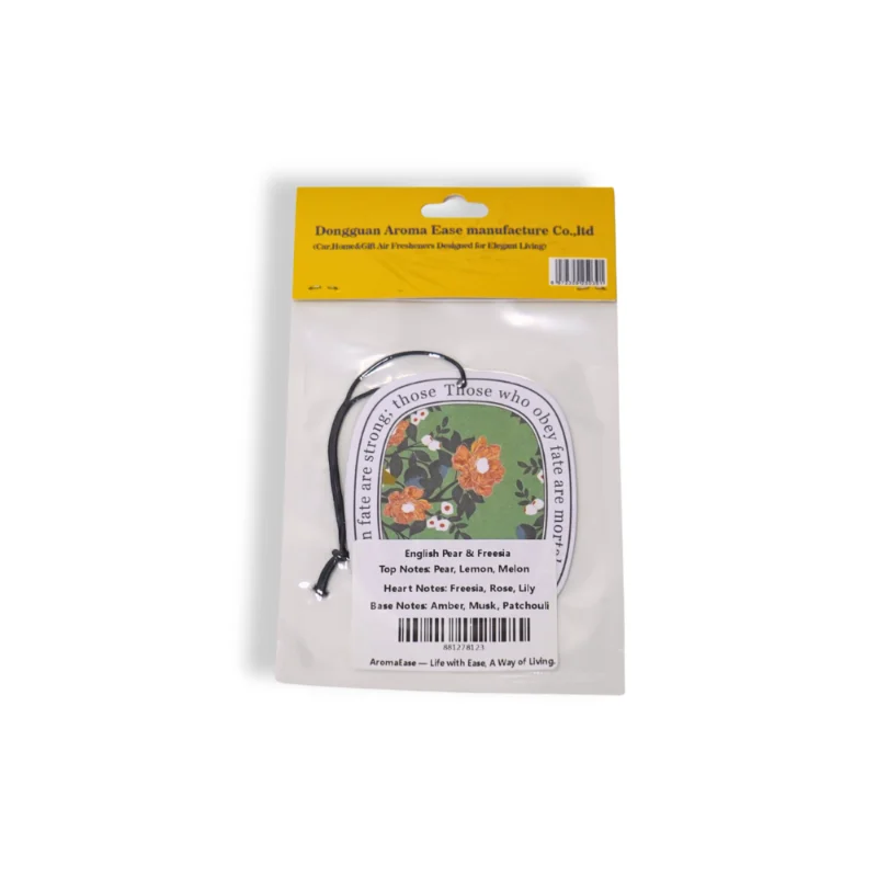 Floral car air freshener packaging back view with fragrance notes and product label