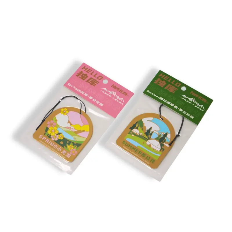 Packaged spring and summer illustration air fresheners with hanging strings