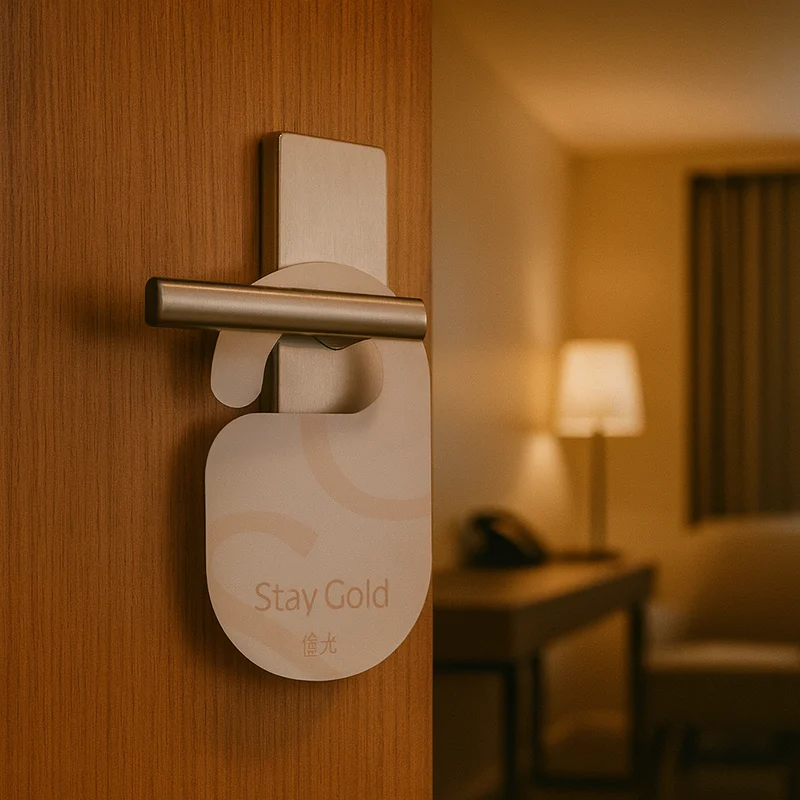 Stay Gold scented door hanger used in a warm hotel room setting