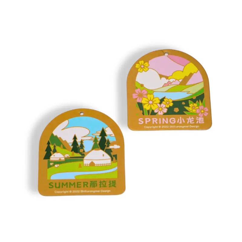 Front and back illustration air freshener cards featuring summer and spring themes