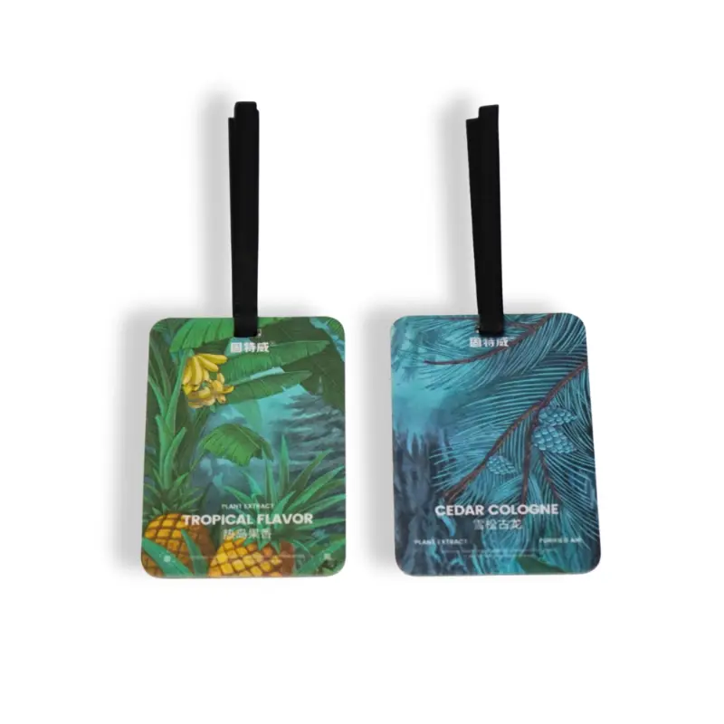 Tropical Flavor air freshener card with pineapple and botanical artwork