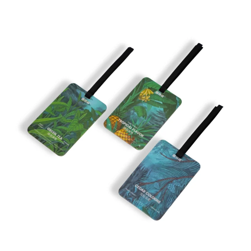 Set of three tropical-themed car air fresheners – Tropical Flavor, Green Tea, and Cedar Cologne hanging cards