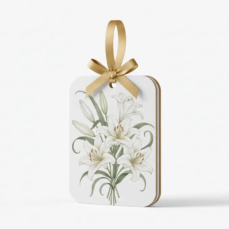 White lily rectangular paper air freshener with gold ribbon for elegant home fragrance